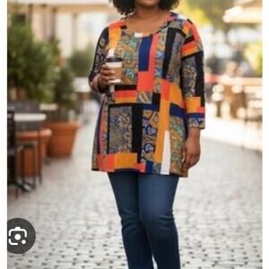 Jones Studio Stretch Tunic Color Block Floral Orange Blue Plus 3X